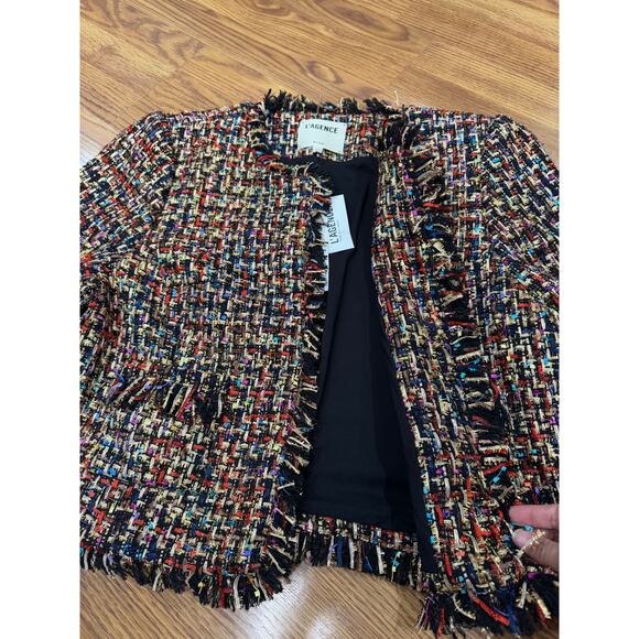 L'AGENCE Angelina Gold black Tweed Plaid Jacket fringe trim size 18 - Picture 13 of 16